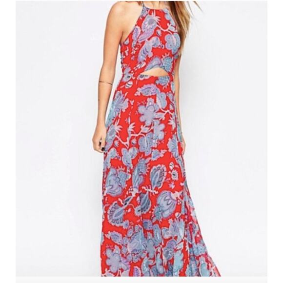 ASOS Paisley Cut Out Maxi Dress Halter Womens Size 4 Red Blue Flowy Resort - Picture 1 of 10